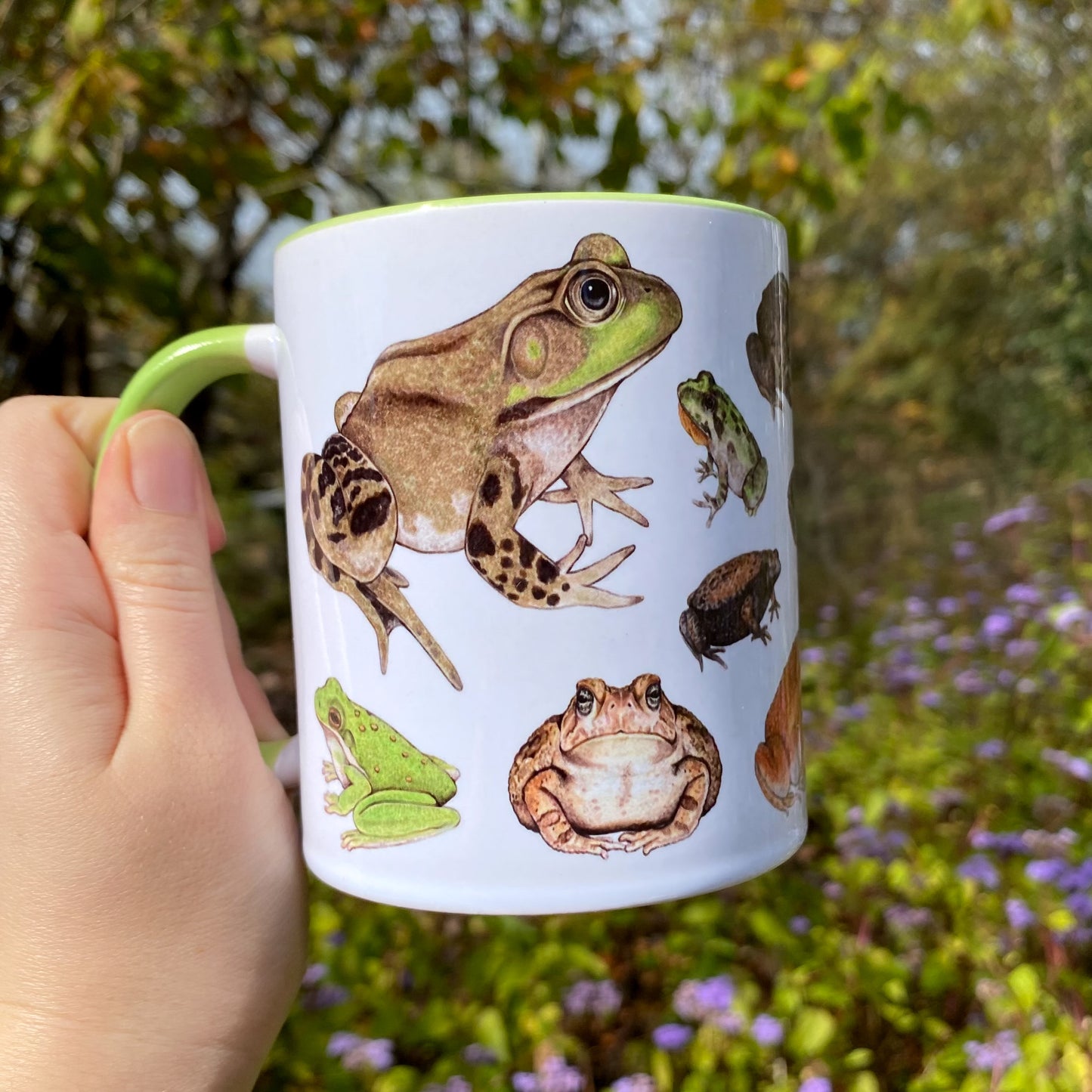 Mug with frog illustrations held by a hand in a natural setting