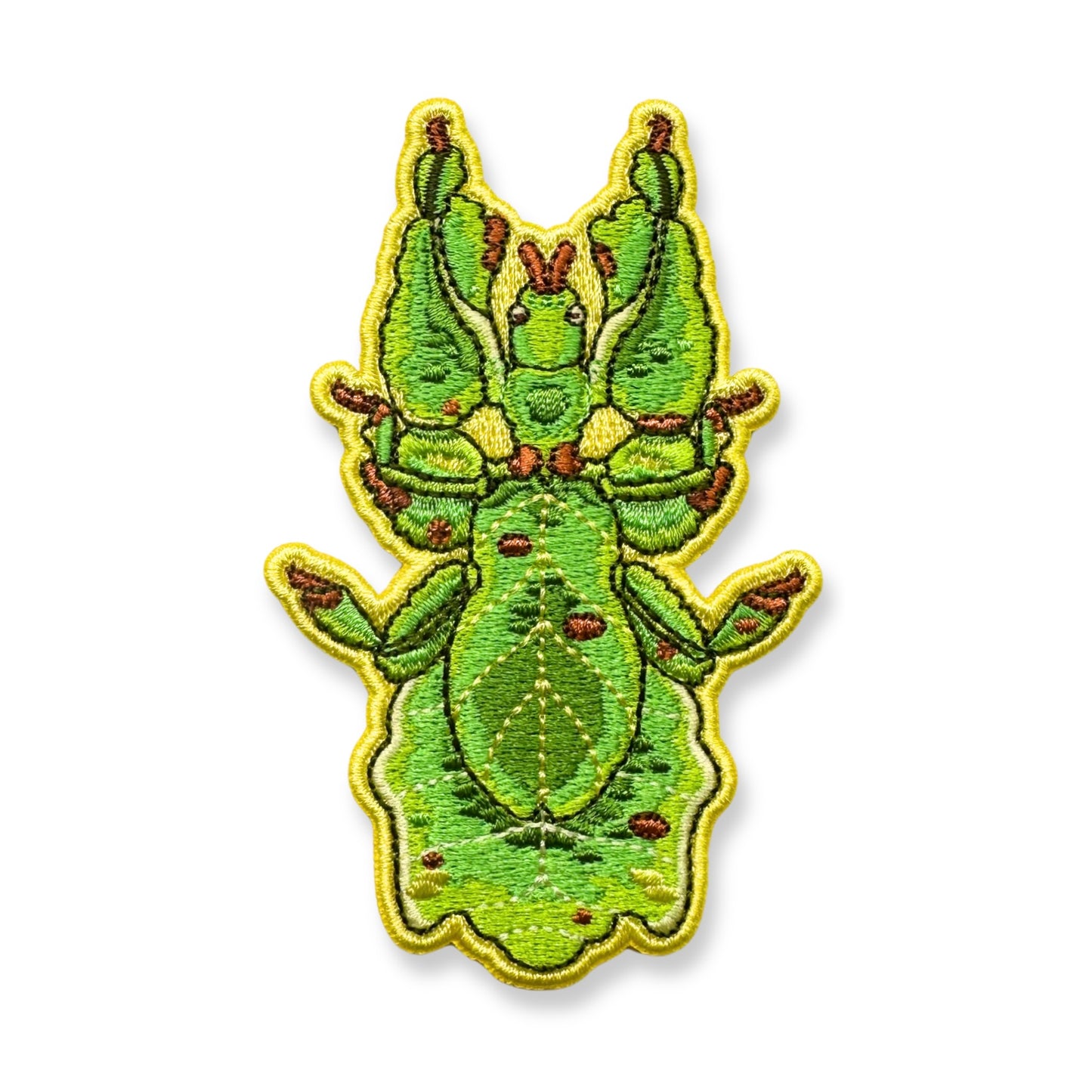 An embroidered patch of a Malaysian leaf insect shown on a plain white background.