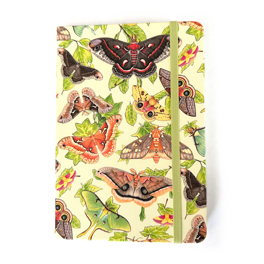 Notebook with silk moths and host plant design on a white background