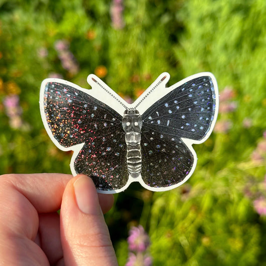 a hand holding a glittery sticker of a starry night metalmark butterfly
