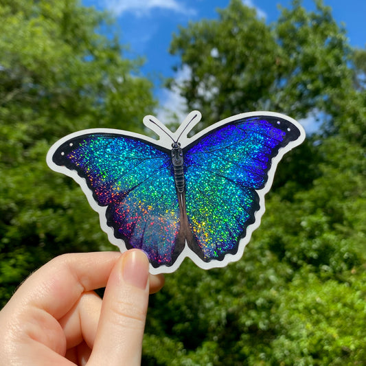 Vinyl sticker of a glittery morpho butterfly