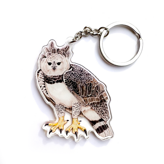 A keychain of a harpy eagle on a white background.