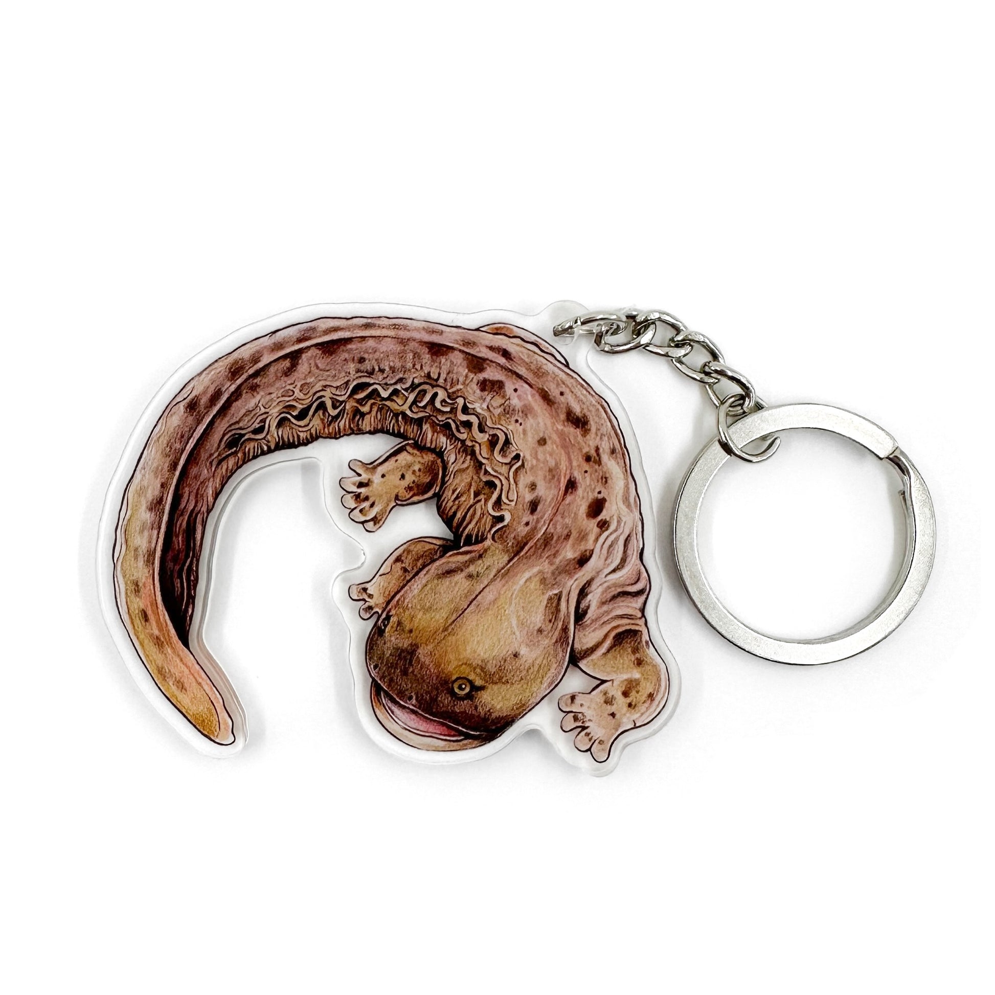 A keychain featuring an illustration of a hellbender salamander