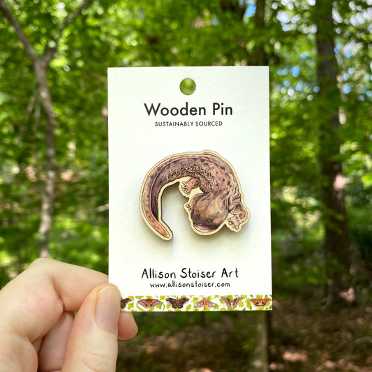 A wooden pin of a hellbender salamander