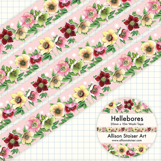 Floral washi tape with hellebore design on a pink background.