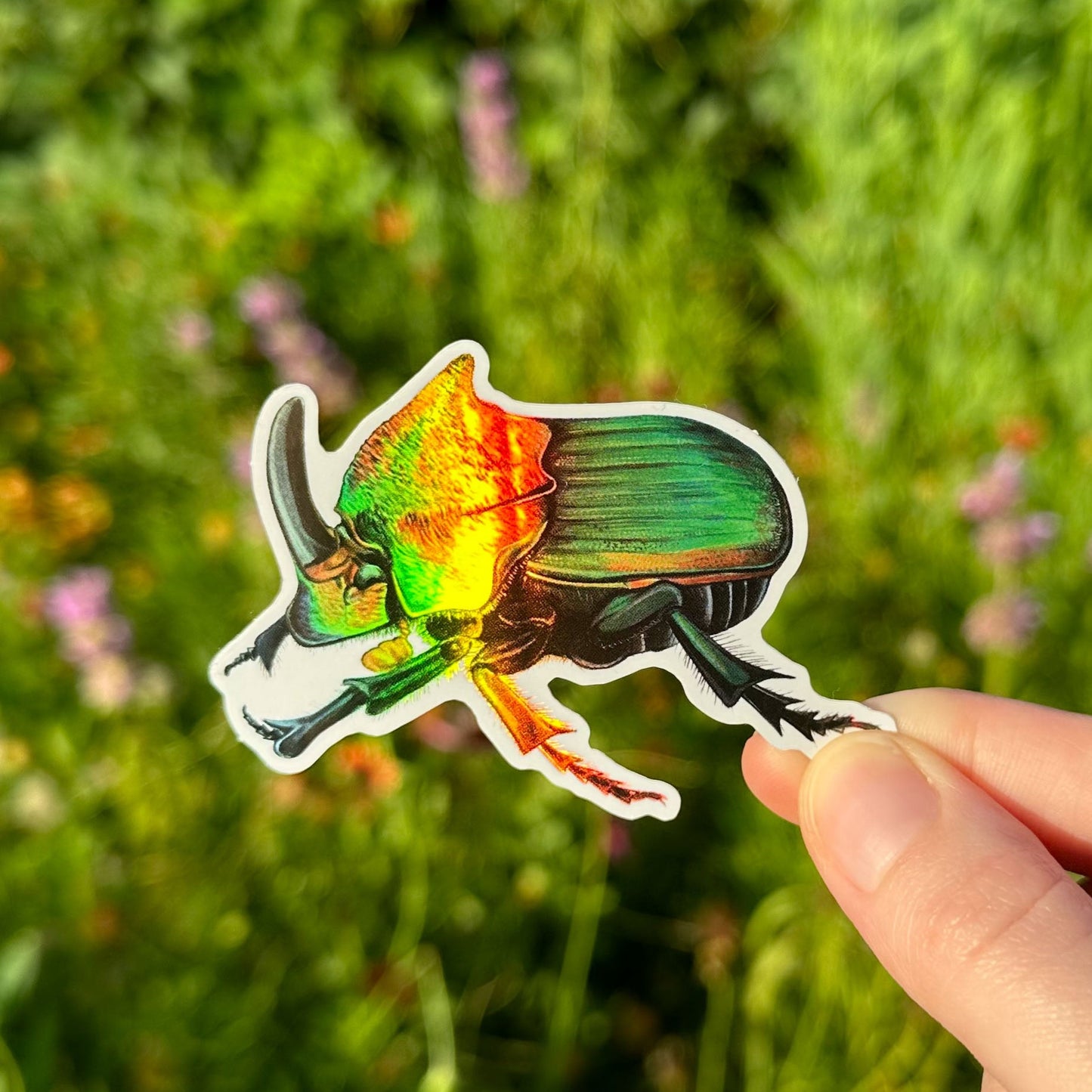 A hand holding a metallic sticker of a rainbow scarab beetle.