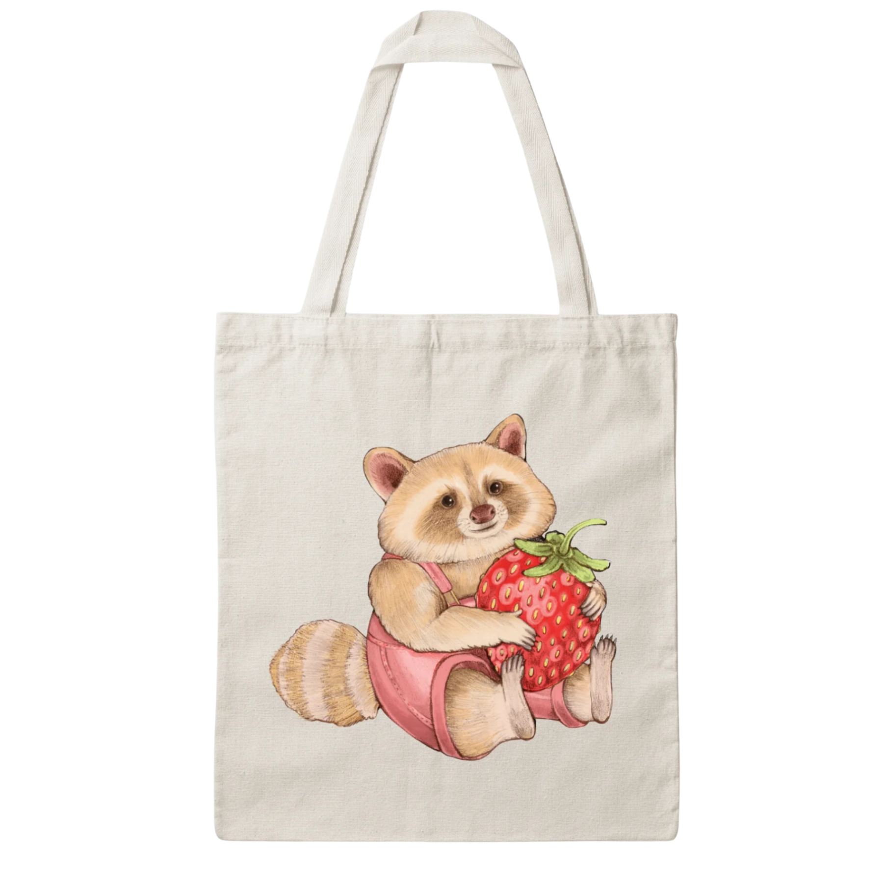 A tote bag of a blond raccoon in pink overalls holding a strawberry on a white background on a white background.