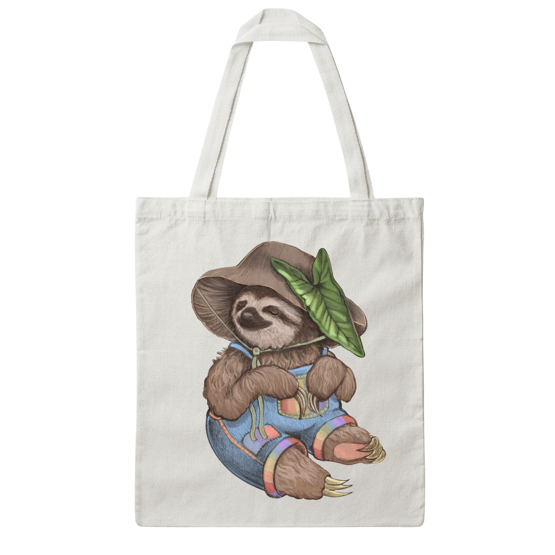 A tote bag of a sitting sloth in overalls and a mushroom hat on a white background.