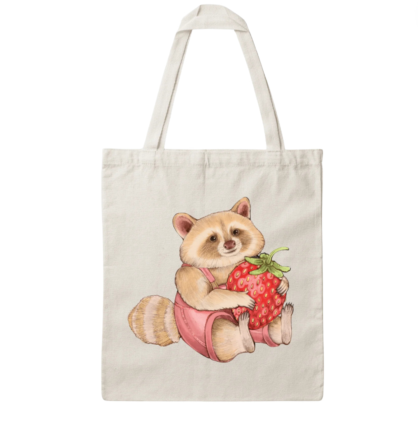 A tote bag of a blond raccoon in pink overalls holding a strawberry on a white background on a white background.