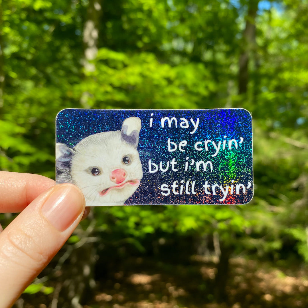 A hand holding a glittery weatherproof vinyl sticker of a baby opossum with the text "I may be cryin', but I'm still tryin'."