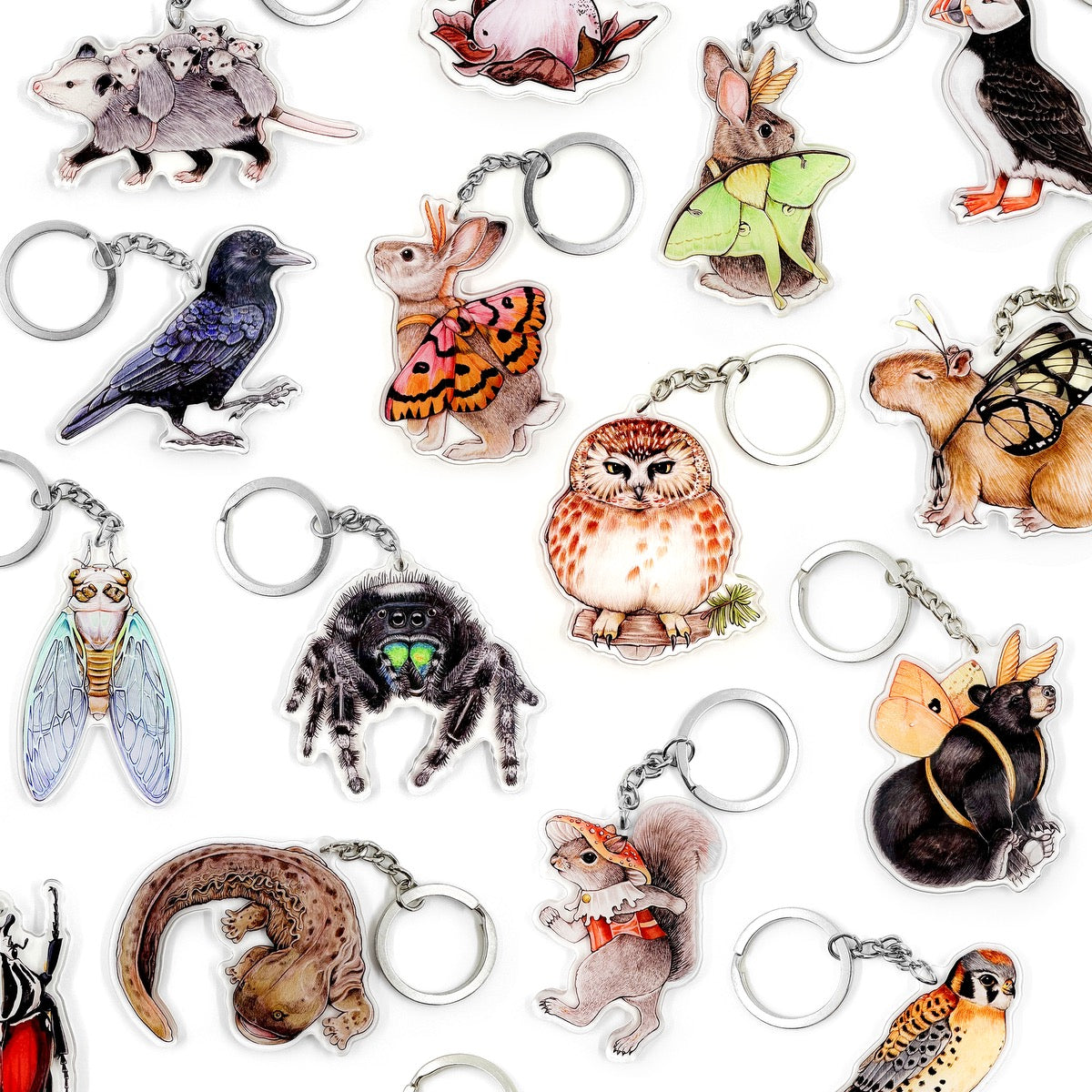 An array of keychains