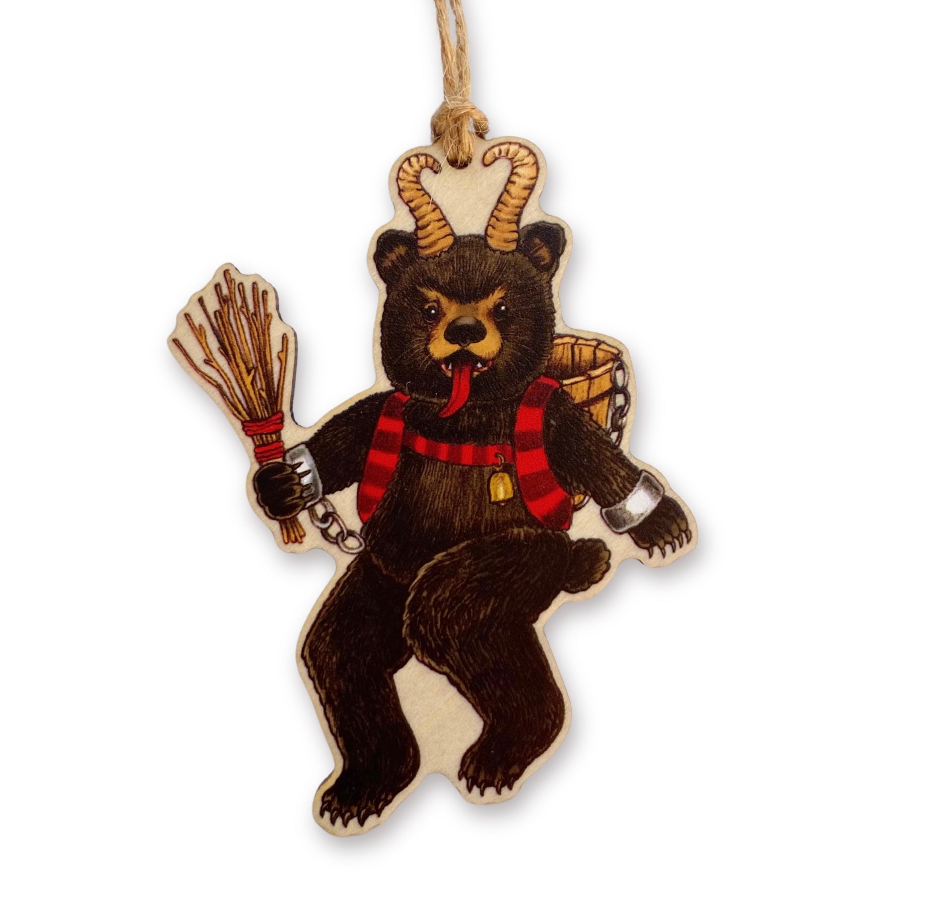Decorative Krampus bear ornament with a bundle of twigs and basket on a white background