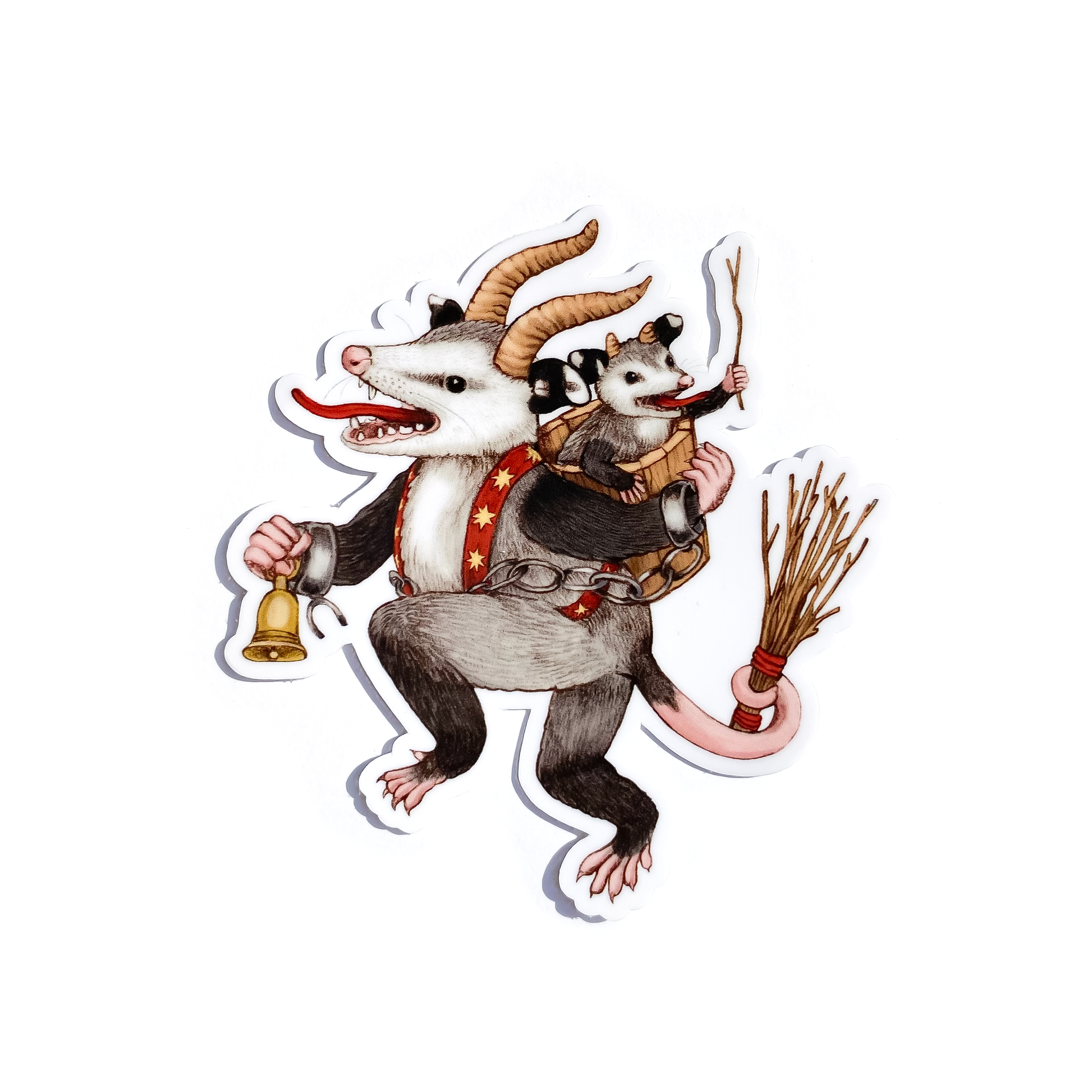 A sticker of an opossum dressed up as Krampus, with horns and a bell, on a white background. He has a basket with a smaller opossum in it. That opossum is brandishing a stick.