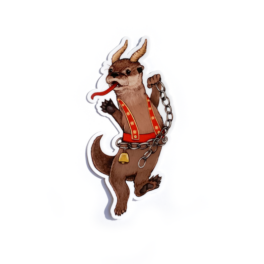 A sticker of an otter dressed up as Krampus, with horns and chains, on a white background.