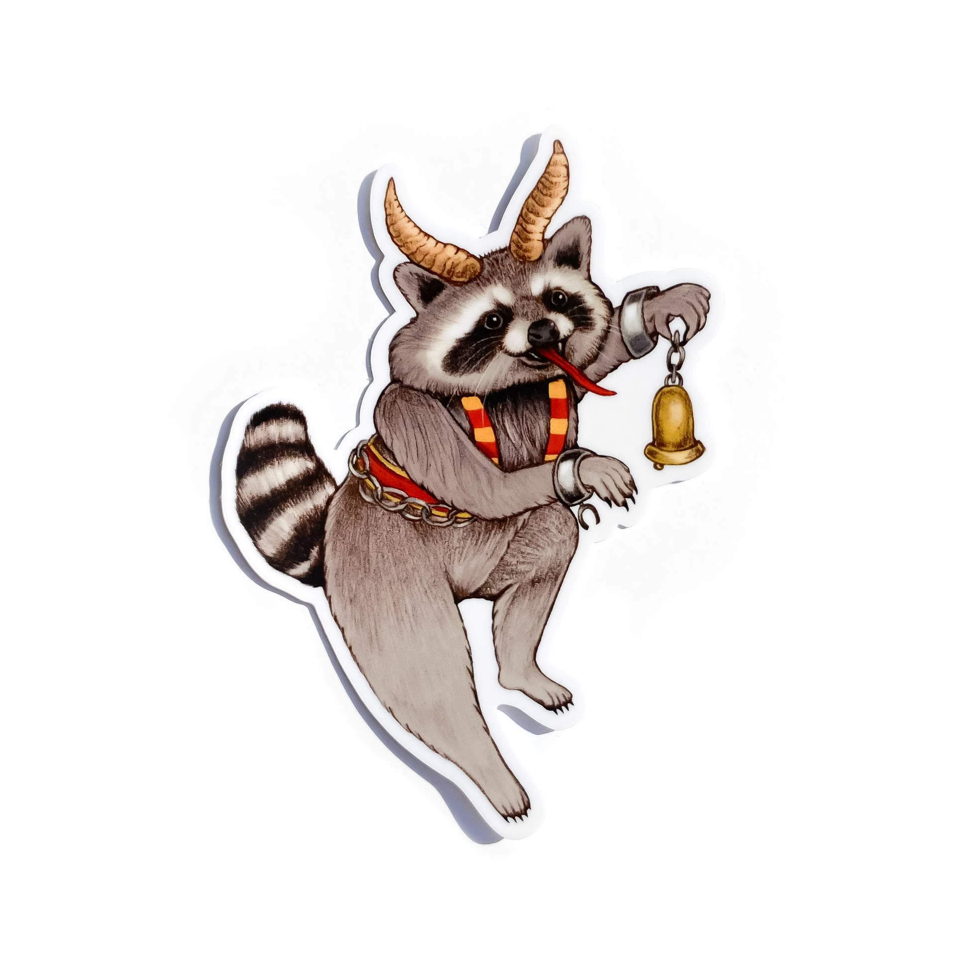 A sticker of a dancing raccoon dressed up as Krampus with horns and a bell on a white background.