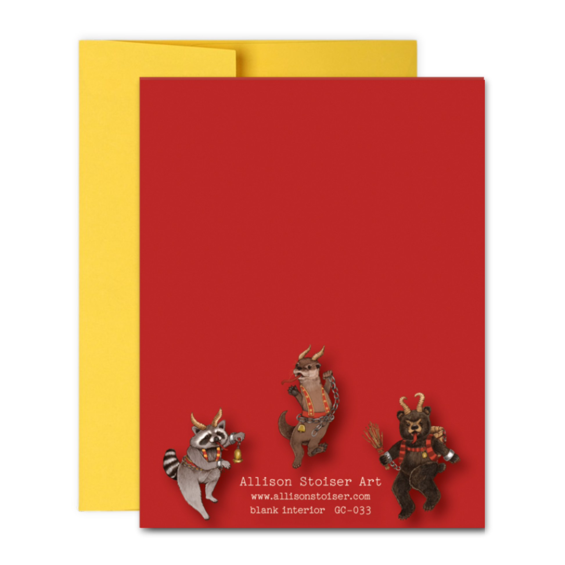 Red card with animal illustrations and yellow envelope on a white background