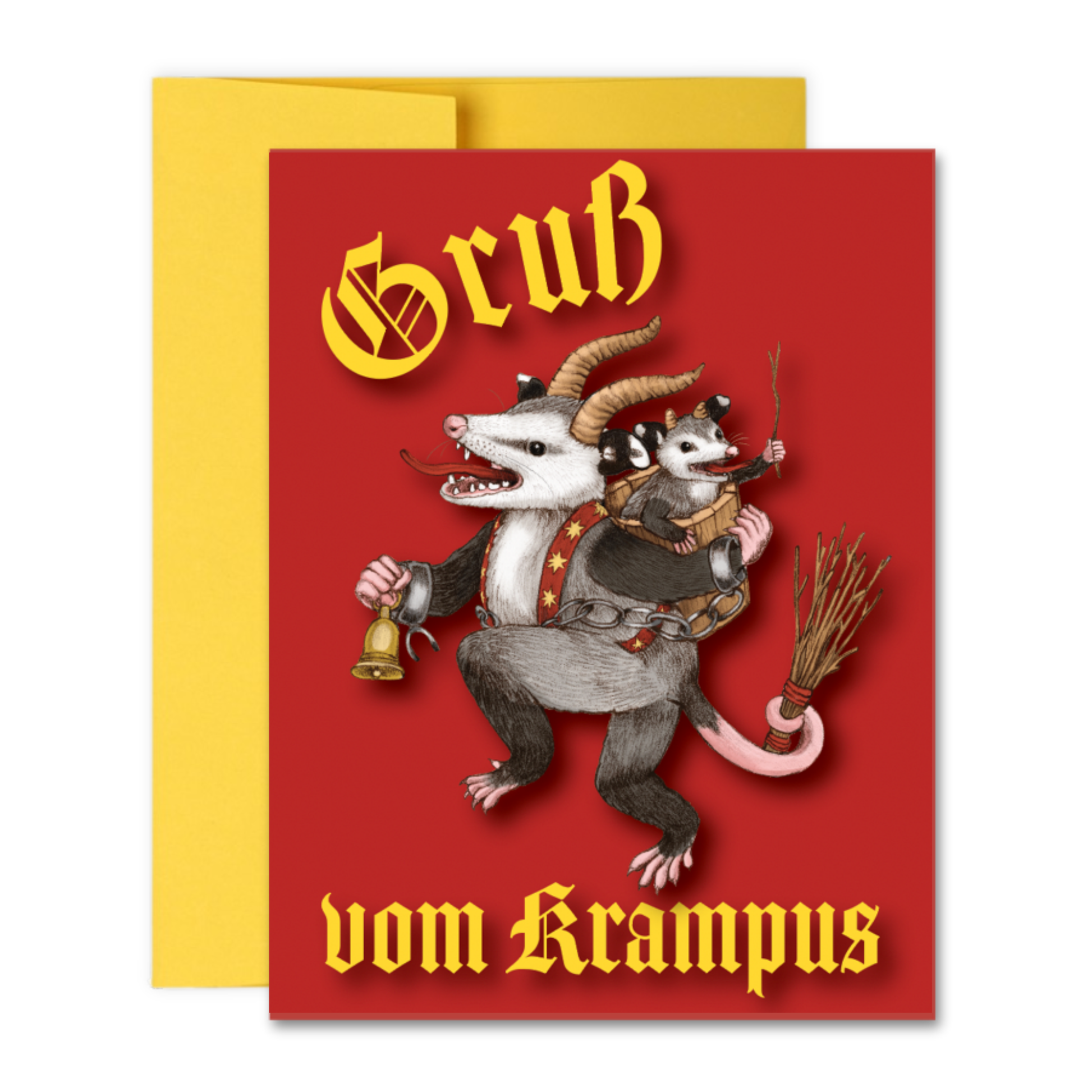 Greeting card with Krampus illustration and 'Grußs vom Krampus' text on a red background.
