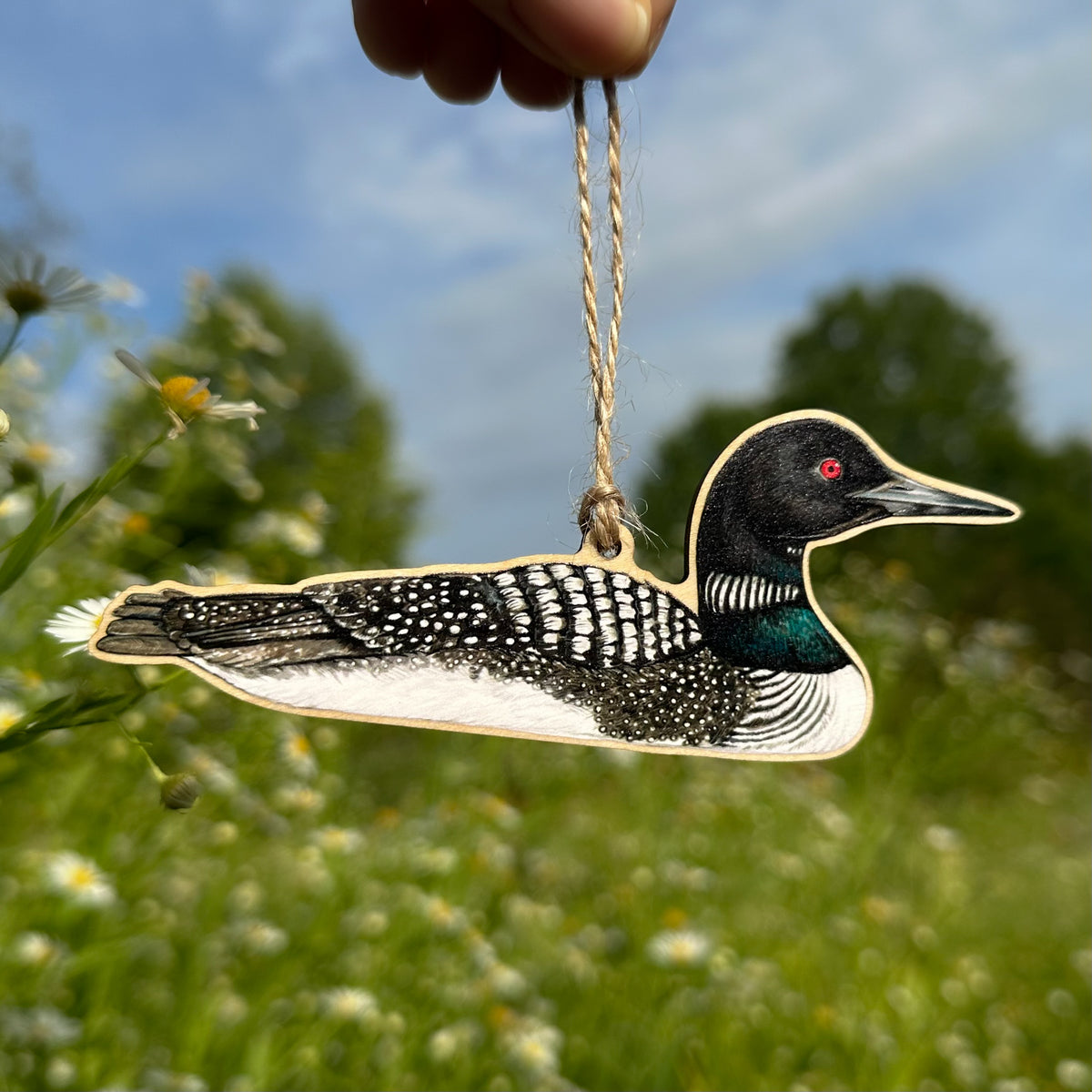 A wooden loon ornament with a natural wood grain finish, featuring a detailed black, white, and green painted design, hanging from a hand outdoors in a grassy field.