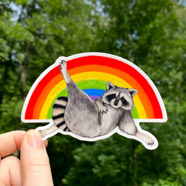 Rainbow Lounging Raccoon Weatherproof Vinyl Sticker