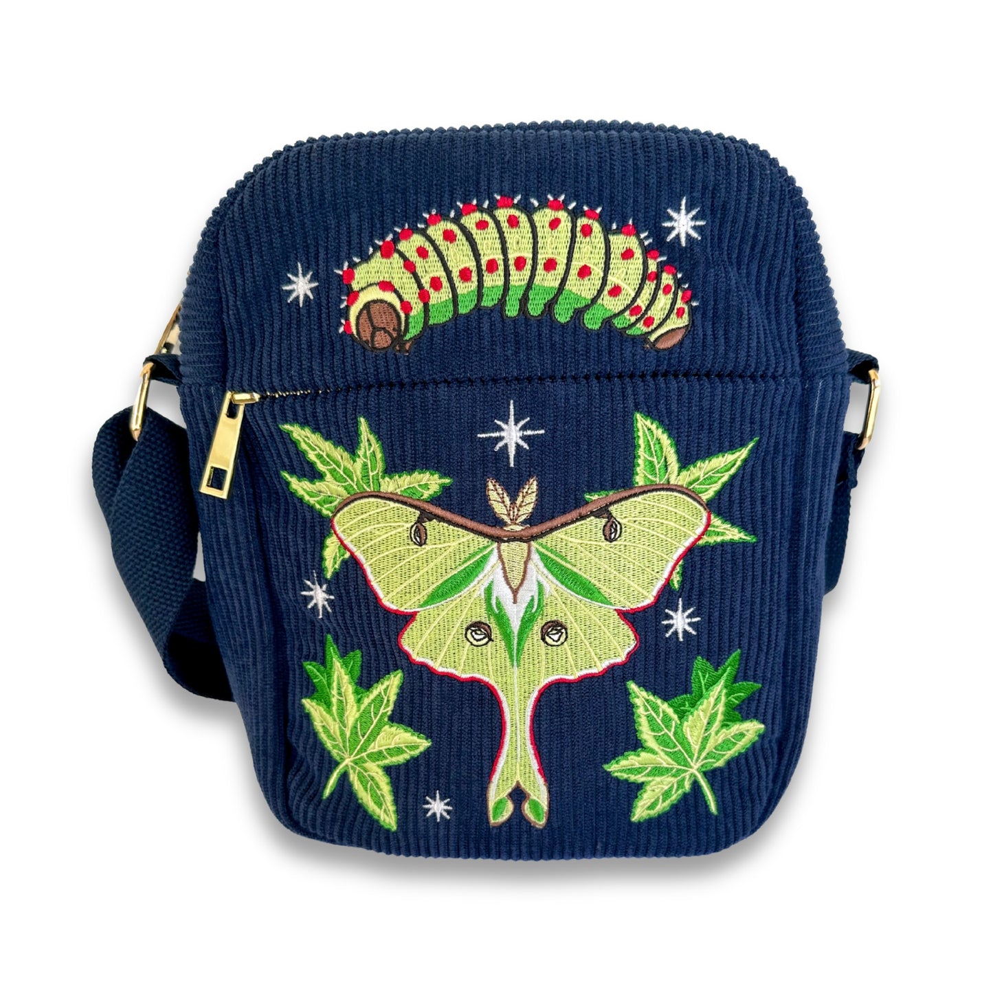 Navy blue corduroy bag with embroidered luna moth and caterpillar on a white background.