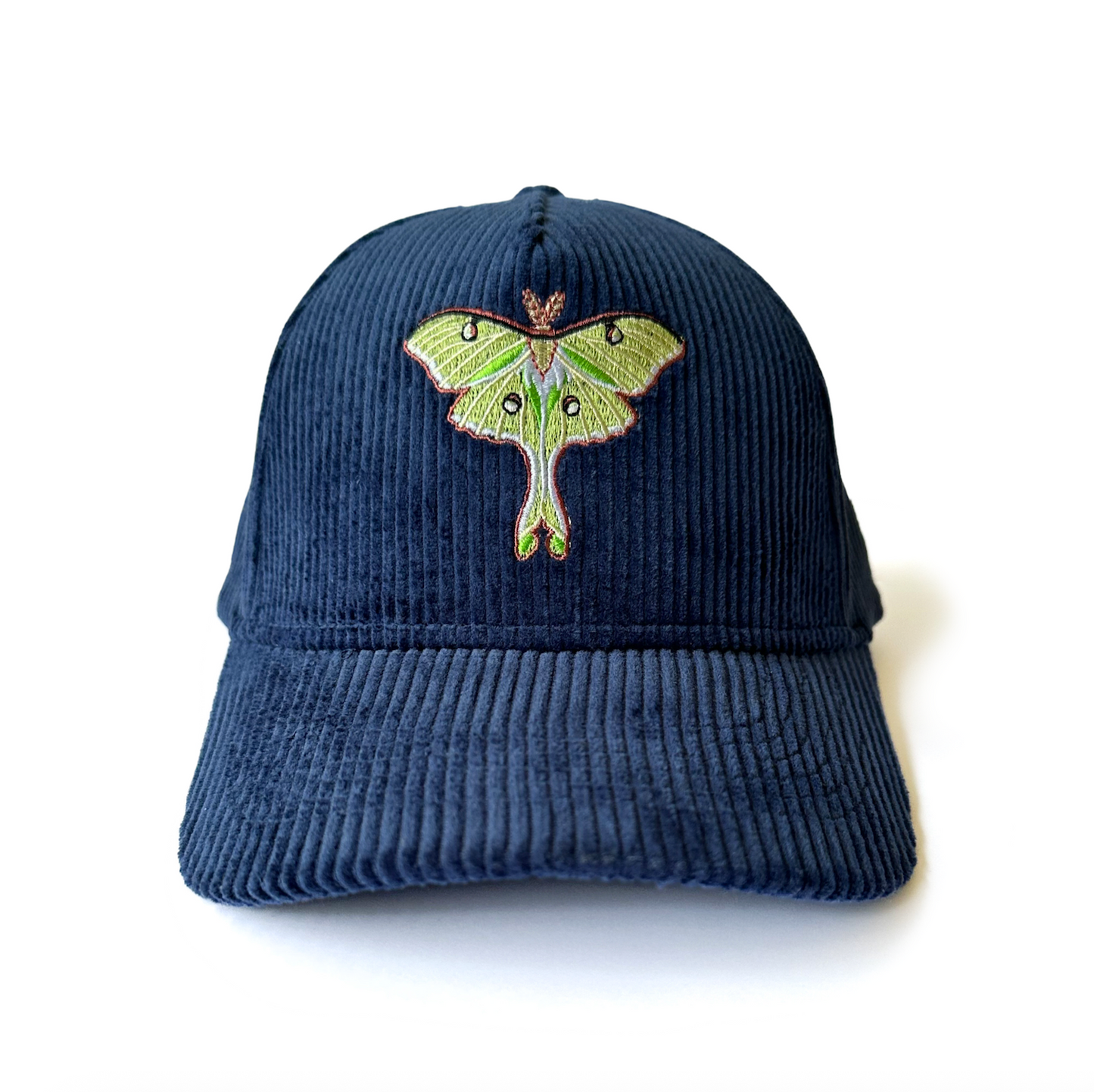Navy blue cap with an embroidered luna moth design on a white background