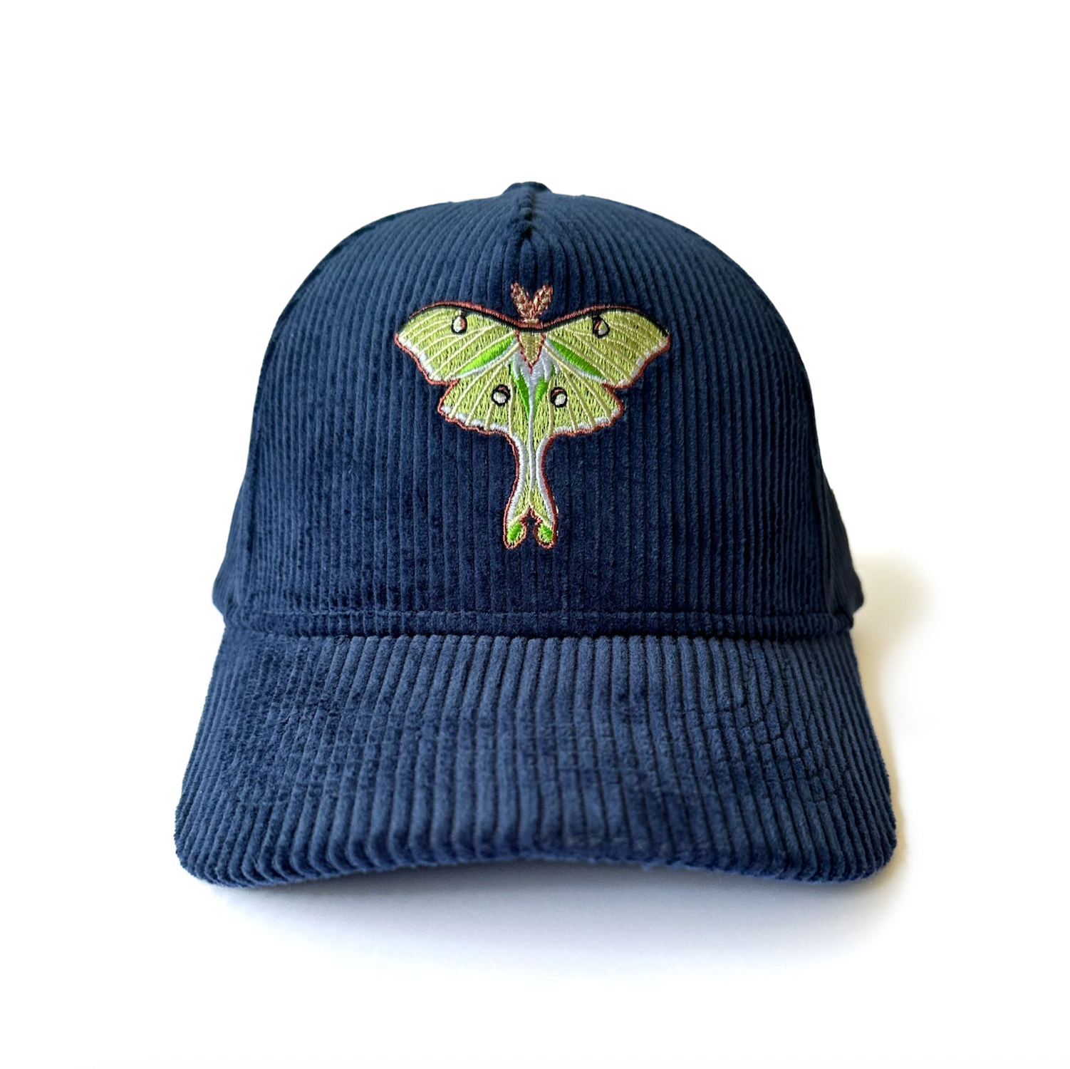 Navy blue cap with an embroidered luna moth design on a white background