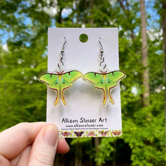 Acrylic earrings with green luna moth charms