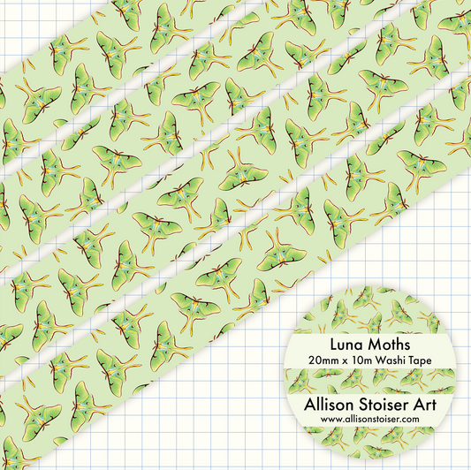 Washi tape with luna moth pattern on a light green background.
