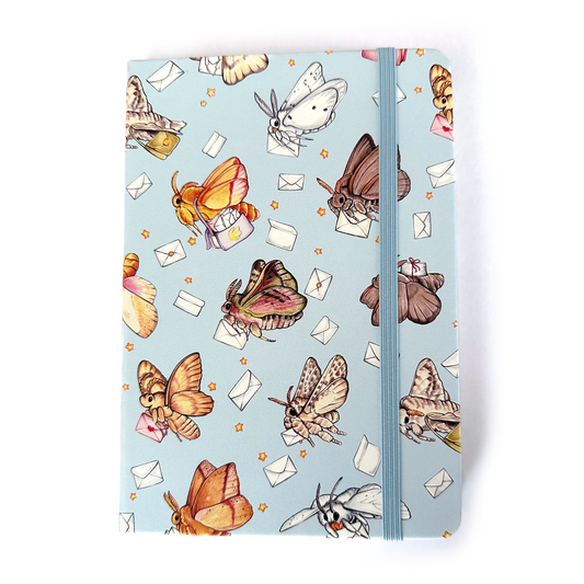 Notebook with mail moth and envelope pattern on a light blue background
