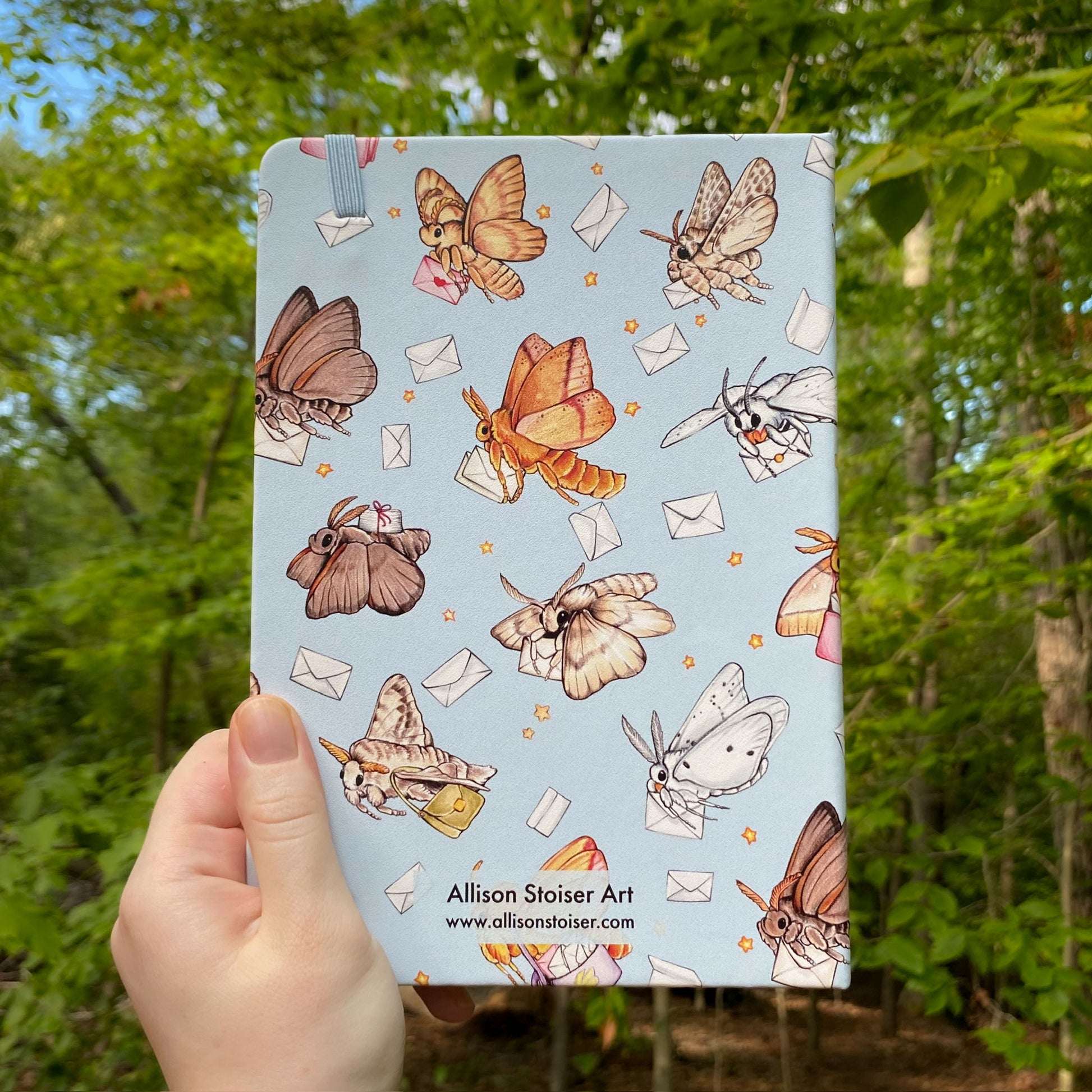 Notebook with moth and envelope pattern held in front of a forest background