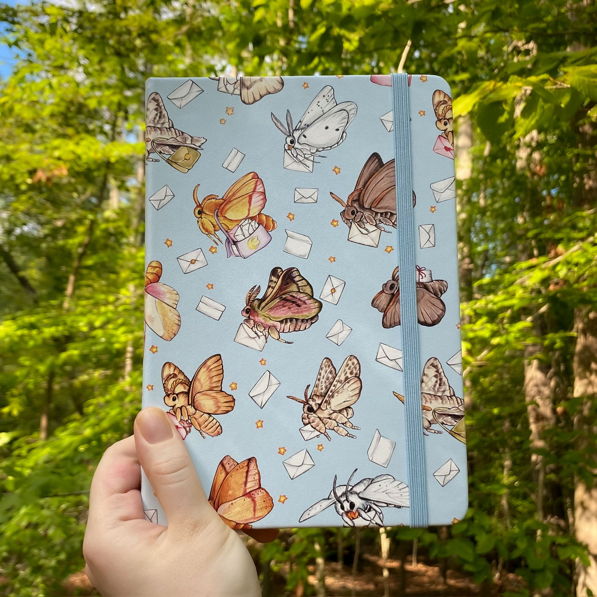 Notebook with moth and envelope pattern held in front of a forest background