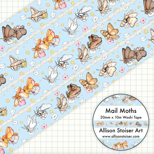 Washi tape with illustrations of mail moths on a blue background with stars and letters.