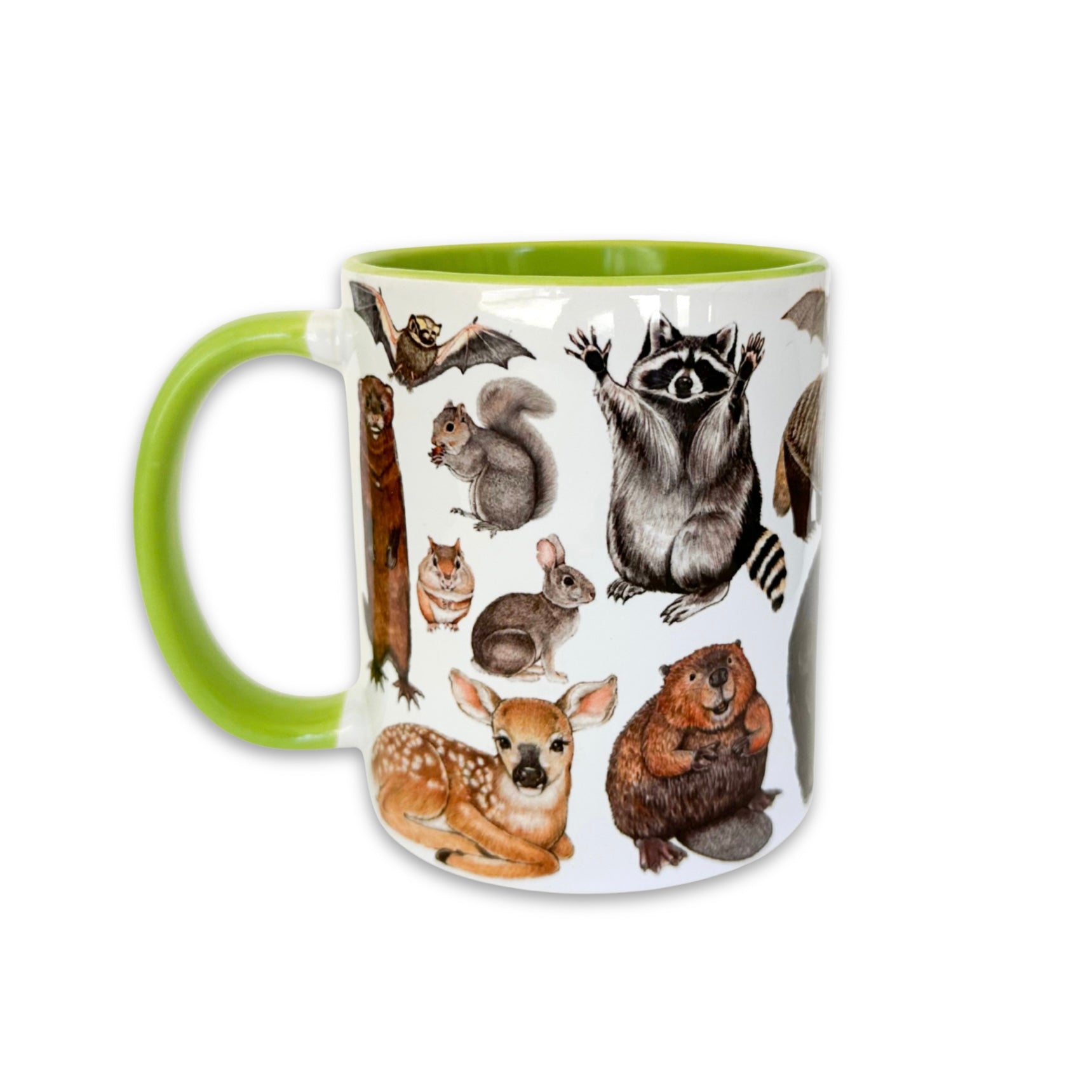 Mug with North American mammal illustrations on a white background