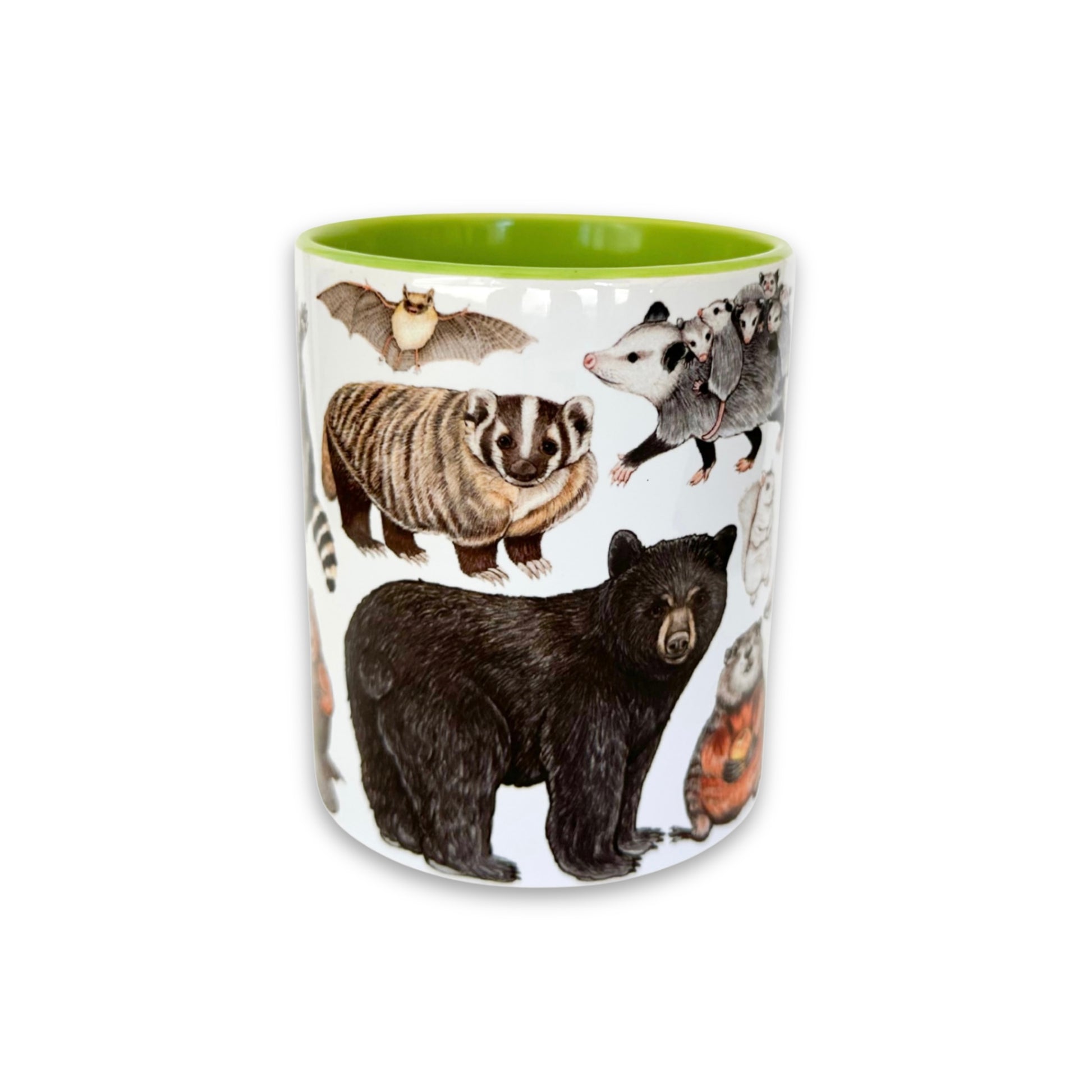 Mug with North American mammal illustrations on a white background