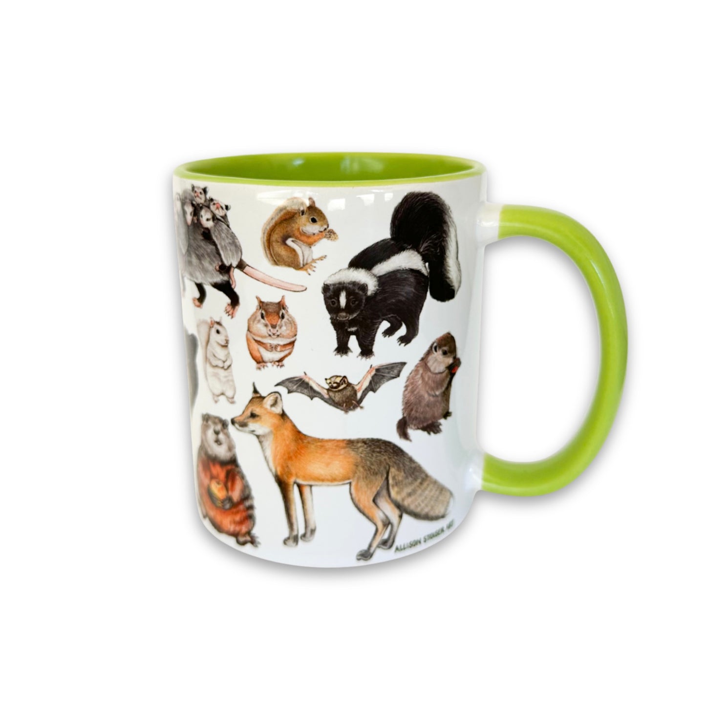 Mug with North American mammal illustrations on a white background
