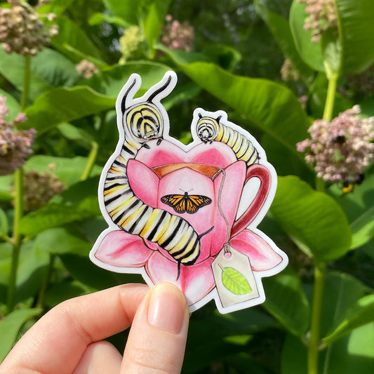 A hand holding a weatherproof vinyl sticker of a pink teacup with two monarch caterpillars sitting on the rim.