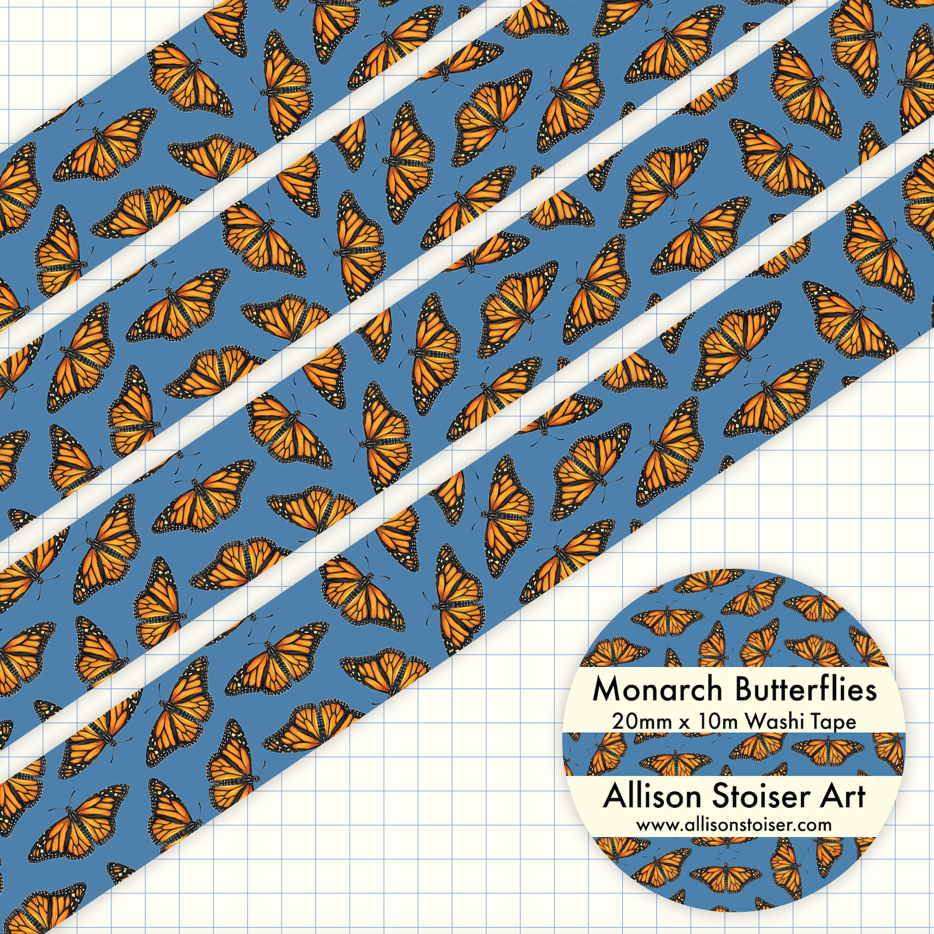 Washi tape with monarch butterfly pattern on a blue background.