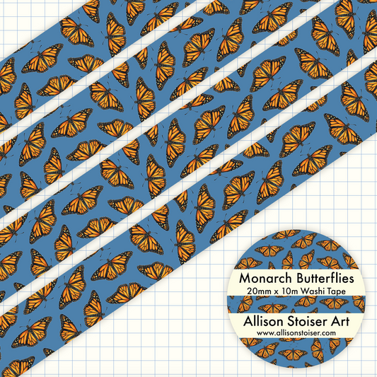 Washi tape with monarch butterfly pattern on a blue background.
