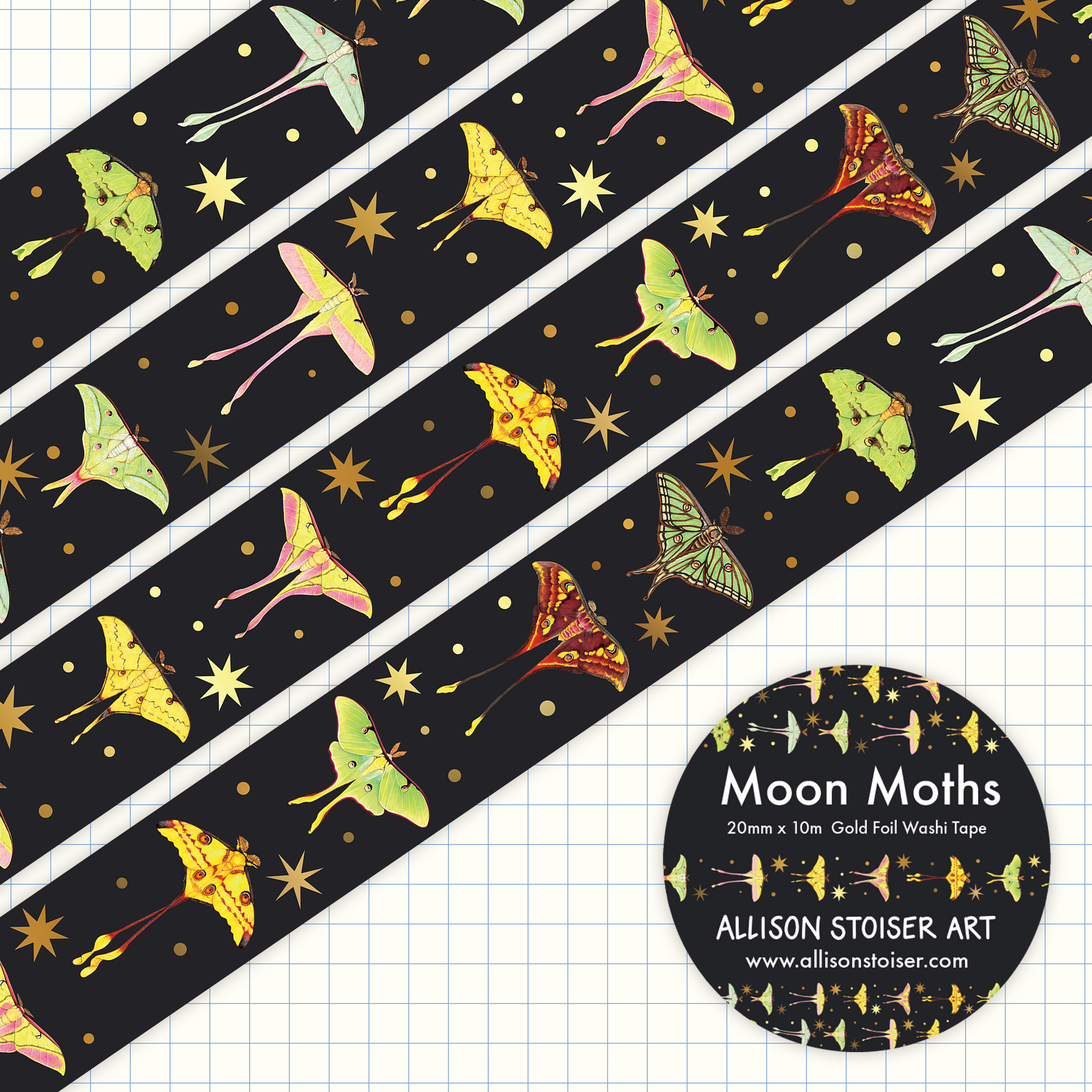 Gold foil washi tape of moon moths with stars.