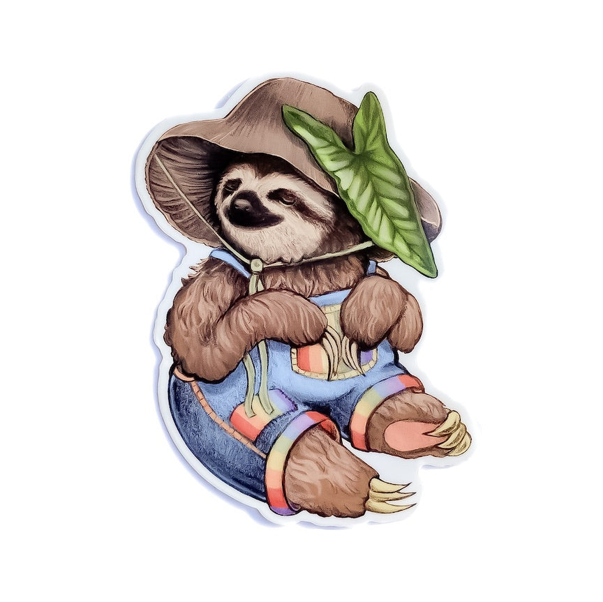 A weatherproof vinyl sticker of a sitting sloth wearing overalls and a mushroom hat.