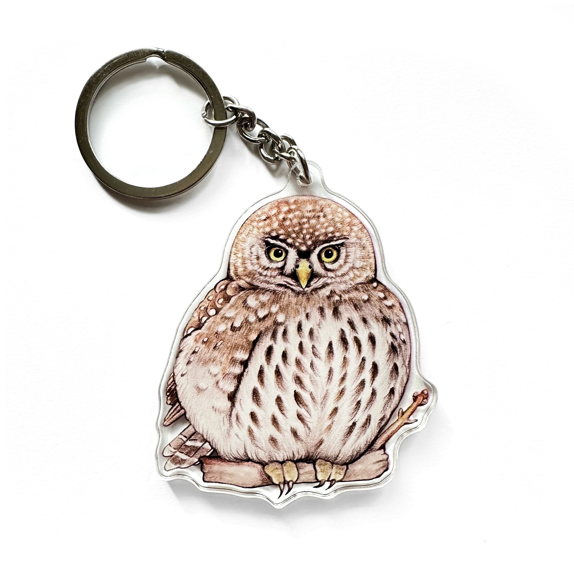 A keychain featuring an illustration of a northern pygmy owl