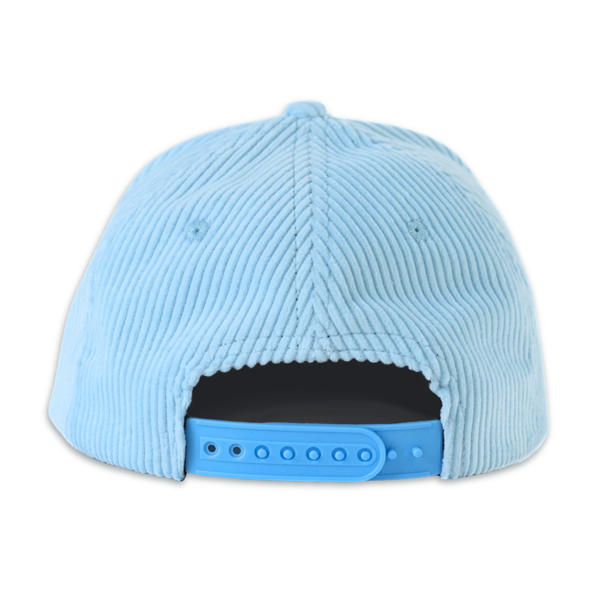 A light blue corduroy baseball cap shown from the back, featuring a matching light blue plastic snapback strap on a white background.
