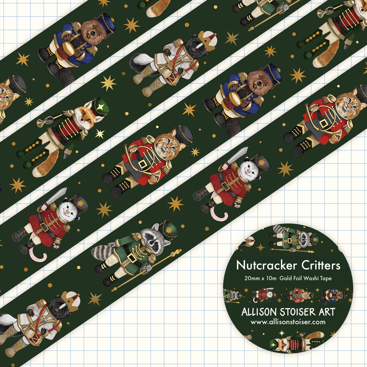 Gold foil washi tape with animal nutcrackers and stars on a dark green background.