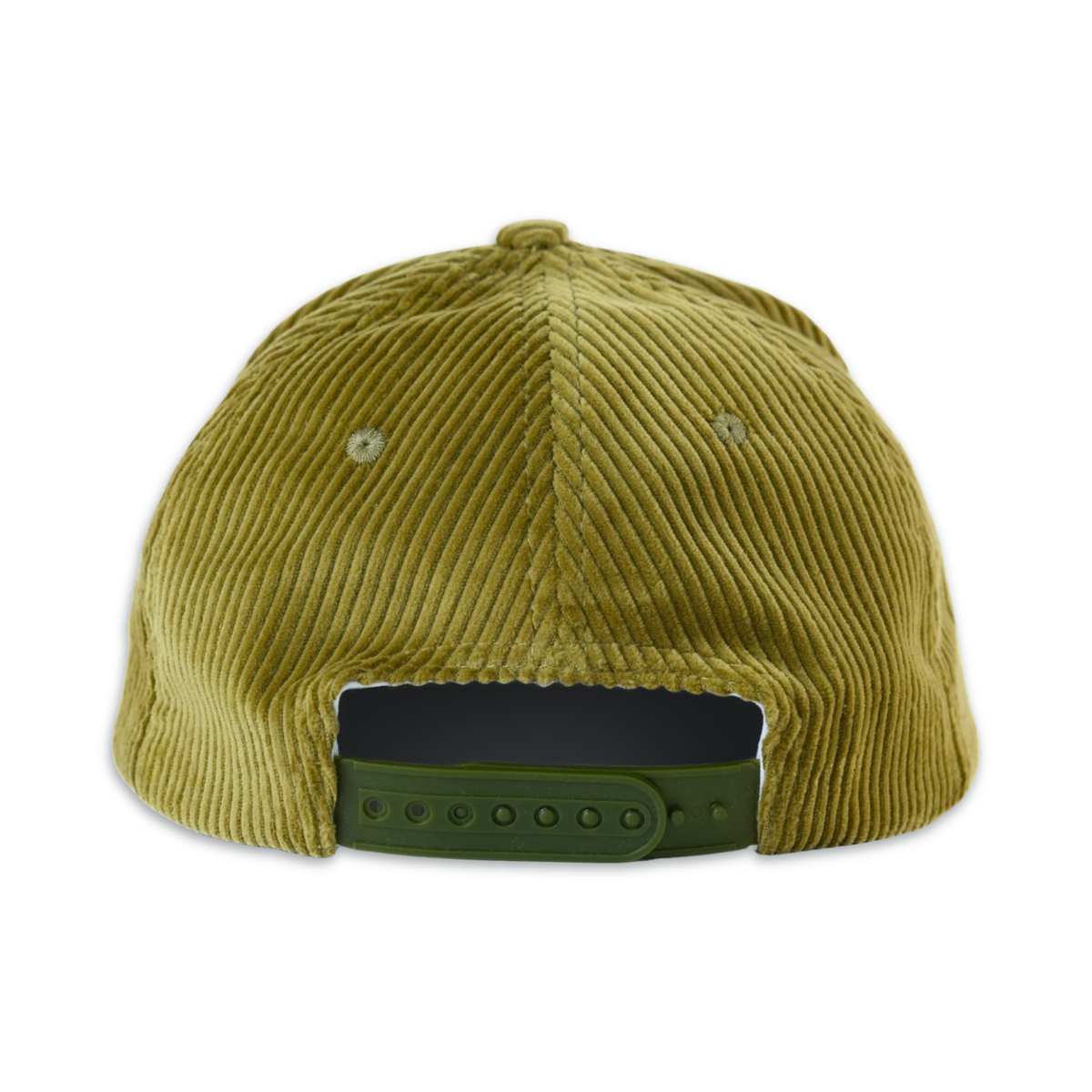 Back view of a corduroy baseball cap in olive green with a matching green adjustable strap closure, shown on a plain white background.