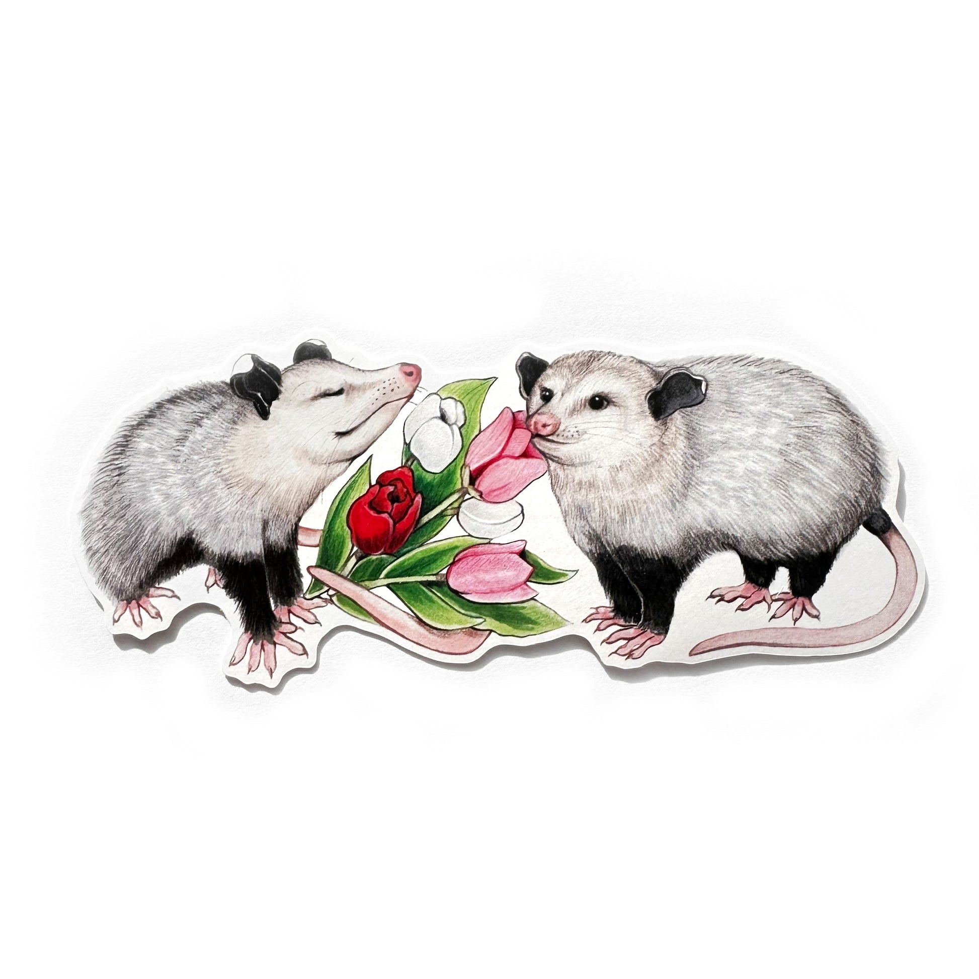 A weatherproof vinyl sticker showing an opossum presenting its partner with a bouquet of tulips