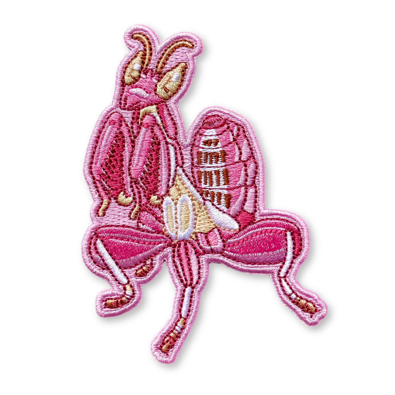 Pink orchid mantis patch on a white background
