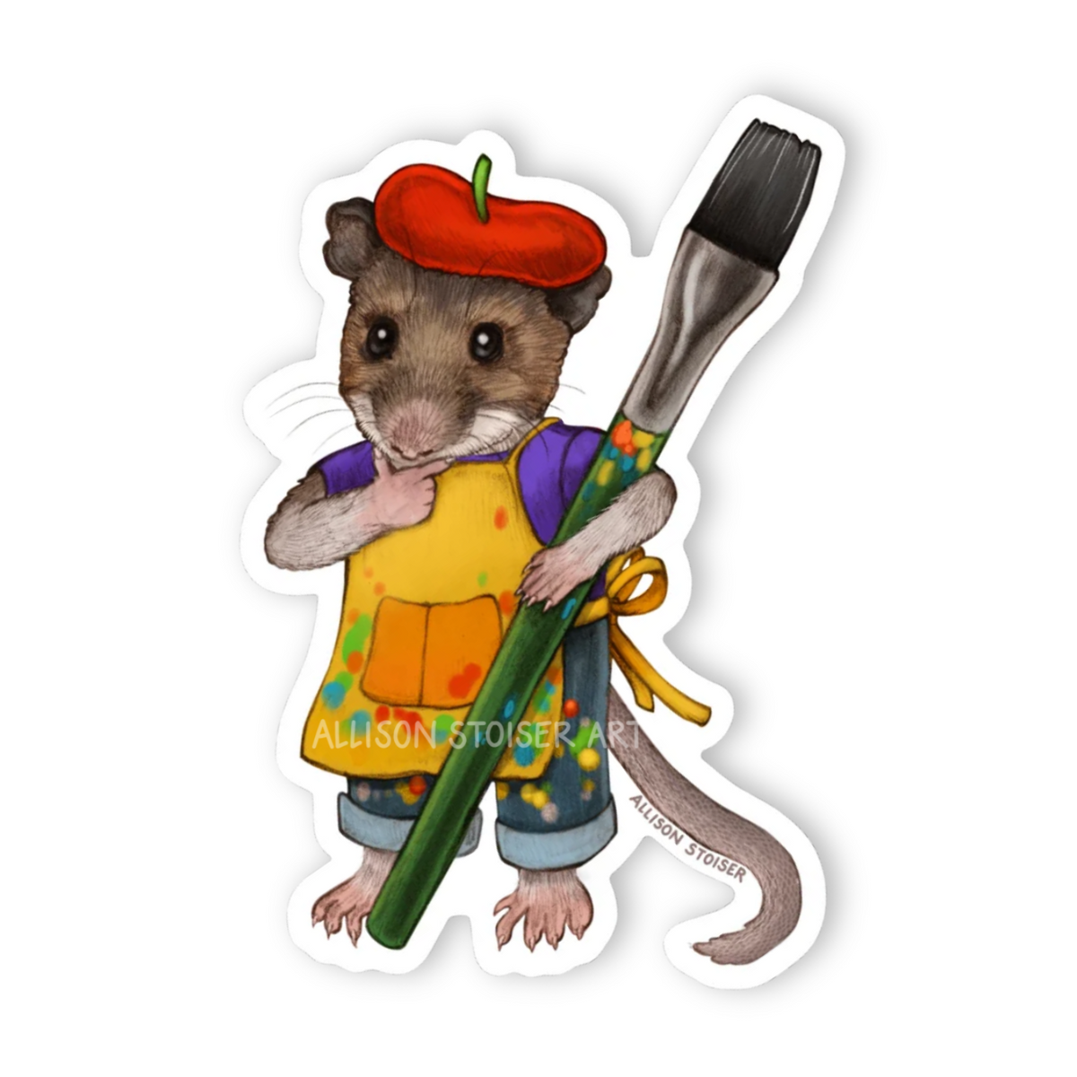 A sticker of a mouse in an apron and beret holding a paint brush.