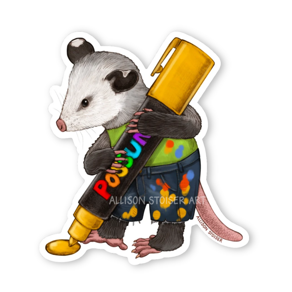 A sticker of an opossum using a yellow paint marker,