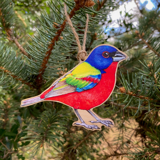 Painted bunting wood print ornament