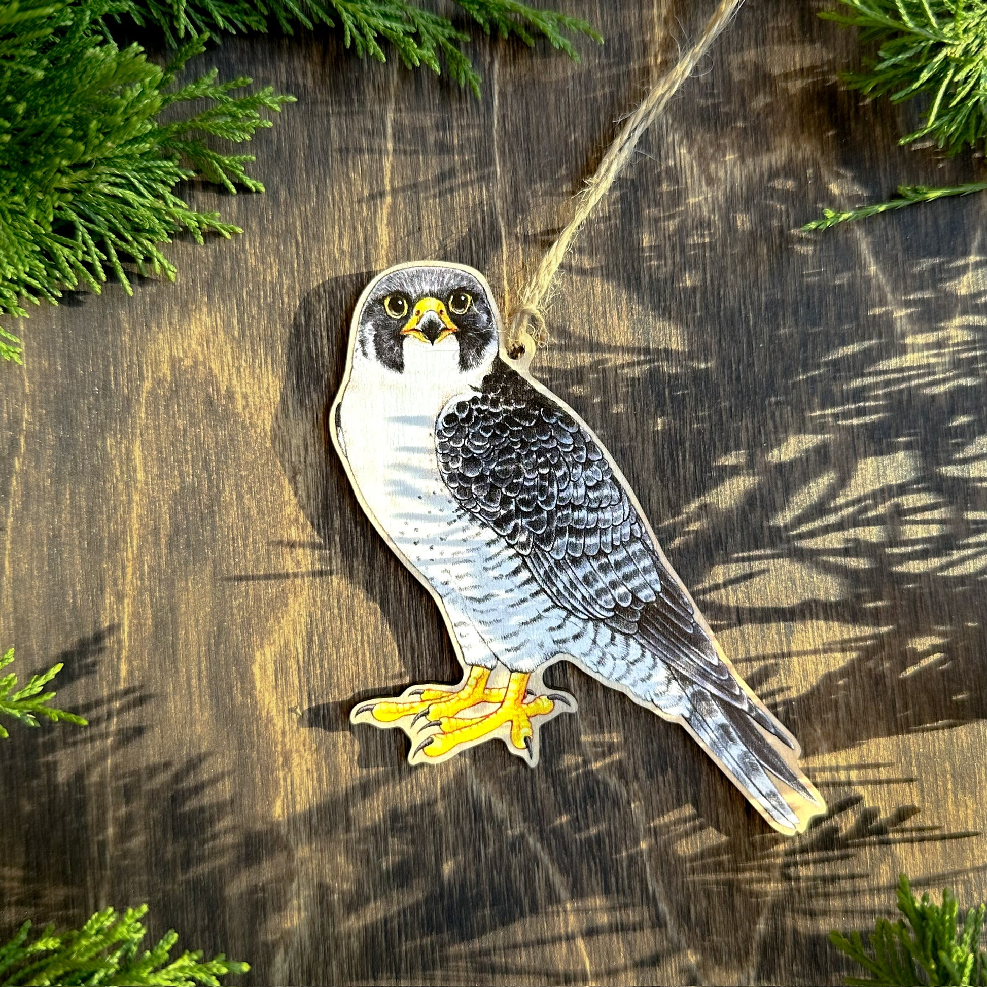 Peregrine falcon wood print ornament